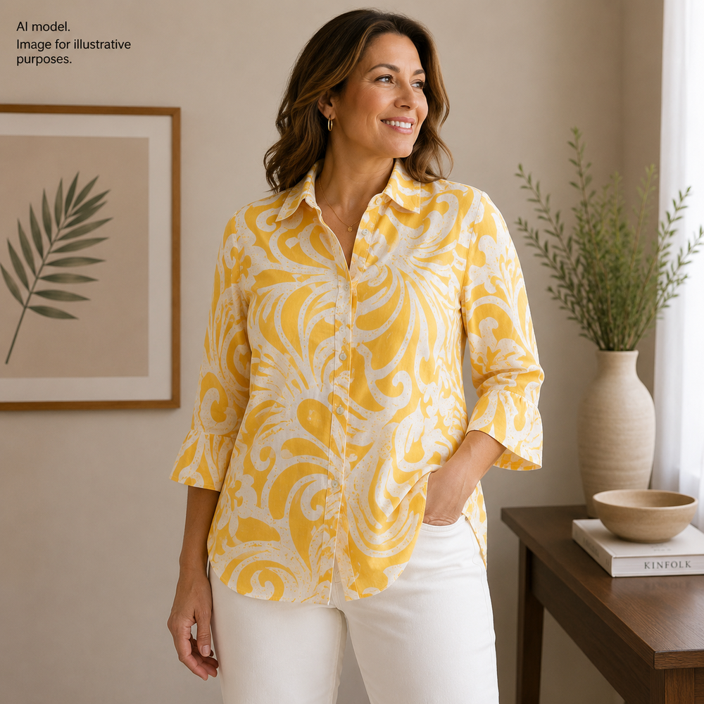 Chico's Shirt 2.5 Women 14 Yellow Linen Floral Button Front 3/4 Sleeve Tunic Top